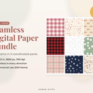 May include: A digital paper bundle featuring 74 seamless patterns in 5 coordinated packs. The image displays a grid of nine sample squares including red gingham, black buffalo check, rainbows, daisies, and snowflakes. Text includes 74 PAPERS, 12 x 12 in, 3600 px, 300 dpi, and GURUS GIFTS.