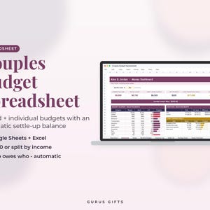 Puede incluir: Una hoja de cálculo presupuestaria digital para parejas en la pantalla de un portátil, que muestra un panel financiero con seguimiento de presupuestos compartidos e individuales, objetivos de ahorro y cálculos automáticos de saldo.