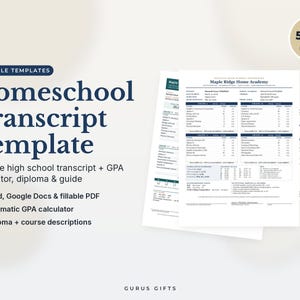 Op de afbeelding: Een 5-in-1 bundel met bewerkbare sjablonen voor thuisonderwijs-cijferlijsten, inclusief een middelbare school-cijferlijst, GPA-calculator, diploma en gids. De documenten zijn wit met donkerblauwe tekst en koppen, waaronder de titel Maple Ridge Home Academy.