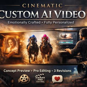 Könnte beinhalten: Werbebild für individuelle KI-Videodienste. Das Bild zeigt ein filmisches Design mit dem Text "CINEMATIC CUSTOM AI VIDEO" und "Emotional gefertigt • Voll personalisiert." Das Bild enthält eine Filmrolle, eine Kamera und eine Person, die ein Video auf einem Computer bearbeitet.