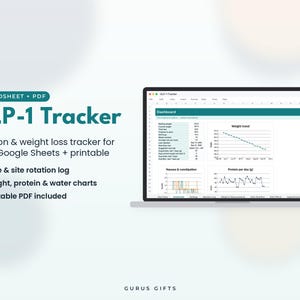 Könnte beinhalten: Eine digitale GLP-1 Tracker Tabellenkalkulation und PDF für Excel und Google Sheets. Das Display zeigt ein Dashboard mit Gewichtsverlauf, Protein- und Übelkeitsdiagrammen. Der Text umfasst SPREADSHEET + PDF, GLP-1 Tracker, Injection & weight loss tracker, GURUS GIFTS.