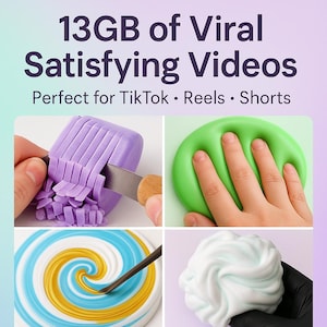 May include: Image featuring four close-up shots of satisfying textures. A purple block of soap being cut, green slime being touched, a blue, white, and gold swirl, and a white, fluffy substance. Text at the top reads "13GB of Viral Satisfying Videos".