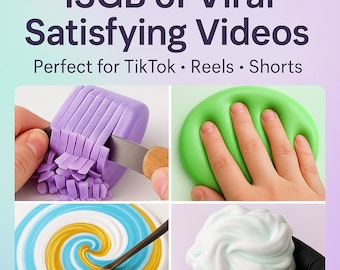 Può includere: Immagine con quattro primi piani di texture soddisfacenti. Un blocco di sapone viola che viene tagliato, slime verde che viene toccato, un vortice blu, bianco e oro e una sostanza bianca e soffice. Il testo in alto recita "13GB of Viral Satisfying Videos".