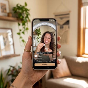 以下が含まれることがあります： スマートフォンには、スキンケア製品の動画広告が表示されています。広告には、美容液のボトルを持っている女性が映っており、「GET GLOWING SKIN!」と「SHOP NOW」という文字があります。スマートフォンは、金のジュエリーをつけた手で持たれています。