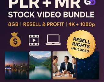 Op de afbeelding: Promotieafbeelding voor een stock videobundel. De tekst luidt "PLR + MR STOCK VIDEO BUNDLE" met details zoals 8 GB, wederverkooprechten en 4K + 1080p resolutie. De afbeelding bevat pictogrammen en voorbeeld videostills.