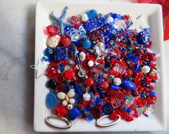 Red, White, Blue Bead Mix, Glass, Lucite, Seed, Charm, Redpeonycreations