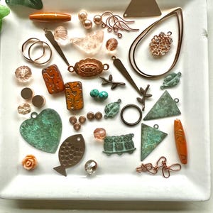 Rose Gold, Pearl and Green Patina Bead and Charm Mix, Destash Jewelry Supplies, Blueartichokedesigns