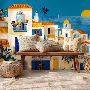 Carta da parati murale con stile mediterraneo greco-villaggio – Arte murale estiva bianca e blu con alberi di limone, bouganville e vista mare