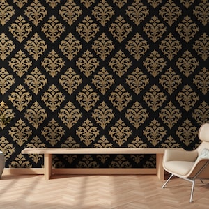 Carta da parati murale di lusso in stile damascato barocco – Motivo ornato in oro e nero per soggiorni glamour, corridoi o pareti decorative