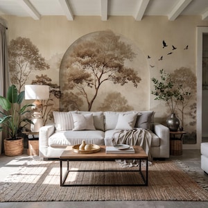 Tapestry Landscape Wallpaper – Serene Trees and Birds Mural with Lush Foliage for Elegant Home Interiors and Vintage-Inspired Wall Decor
