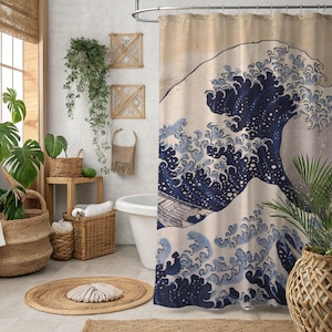 Hokusai The Great Wave Shower Curtain-Japanese Artwork Ocean Wave Bathroom Decor, Waterproof Art Curtain Inspired by Kanagawa