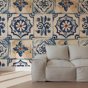 Rustic Spanish Tile Wallpaper: Watercolor Ceramic Print, Blue & Orange