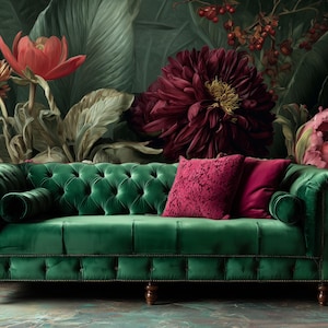 Carta da parati floreale scura - Decorazione murale con peonie e dalie di grandi dimensioni in verde intenso e bordeaux / Accenti botanici romantici
