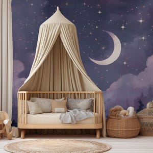 Starry Sky Wall Mural: Watercolor Crescent Moon Wallpaper