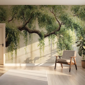 Willow Tree Mural Wallpaper – Botanical Forest Wall Art for Plant Lovers, Trending Peel and Stick Wallpaper for Home Decor