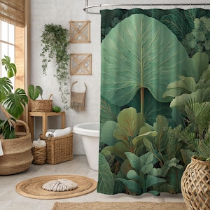 Botanical Jungle Shower Curtain: Green Ferns, Boho Bathroom Decor