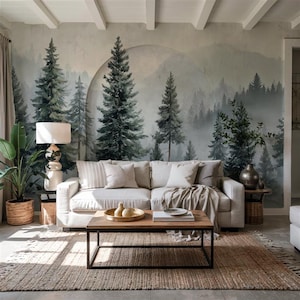 Pine Forest Mural: Peel and Stick Woodland Nursery Wall Decal