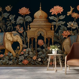 Indian Botanical Wallpaper Mural | Colorful Vintage Bohemian Peel and Stick Wall Mural | Dark Botanical Adhesive Removable Wallpaper Home
