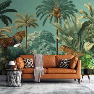 Tropical Jungle Leopard Wallpaper Mural – Vintage Palm Tree Wall Art for Bedroom or Living Room, Bold Safari Self Adhesive Wall Decor