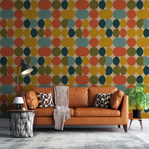 Mid Century Modern Green Geometric Wallpaper - Retro Peel and Stick Mural