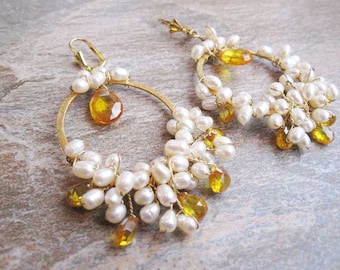 Wire wrap earrings, pearl and zircon earrings, OOAK, Canary Yellow Zircon and Freshwater Pearls Ready to Ship