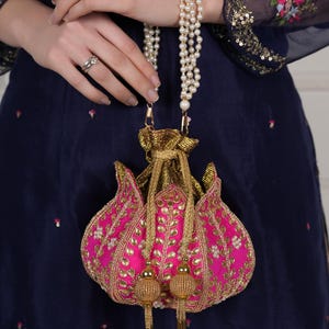 Bright Pink Wedding Potli Bag | Handmade Embellished Stone and Pearl | Desi Indian Pakistani Wedding Purse | Evening Party Purse