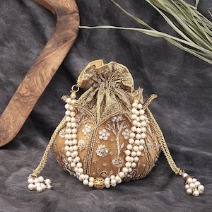 Desert Golden Color Wedding Potli Bag | Handmade Embellished Pearl and Zardosi | Desi Indian Pakistani Wedding Purse | Evening Party Purse