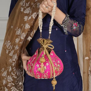 PINK Color Wedding Potli Bag | Handmade Embellished Pearl and Zardosi | Desi Indian Pakistani Wedding Purse | Evening Party Purse
