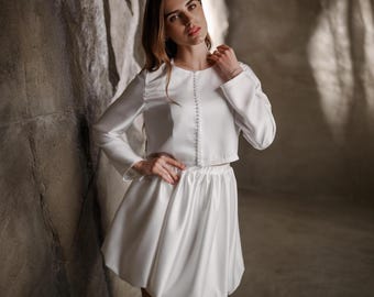 Silk Satin Bridal Set, Short Skirt & Blouse, Two Piece Wedding Outfit, Minimalist Bride Look, Bridal Separates