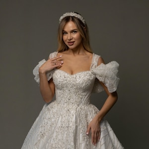 Wedding Dress with Unique Design: Long Train with  Off-Shoulder and A-Line Bridal Gown, Personalized Wedding Dress Size, Bride Outfit