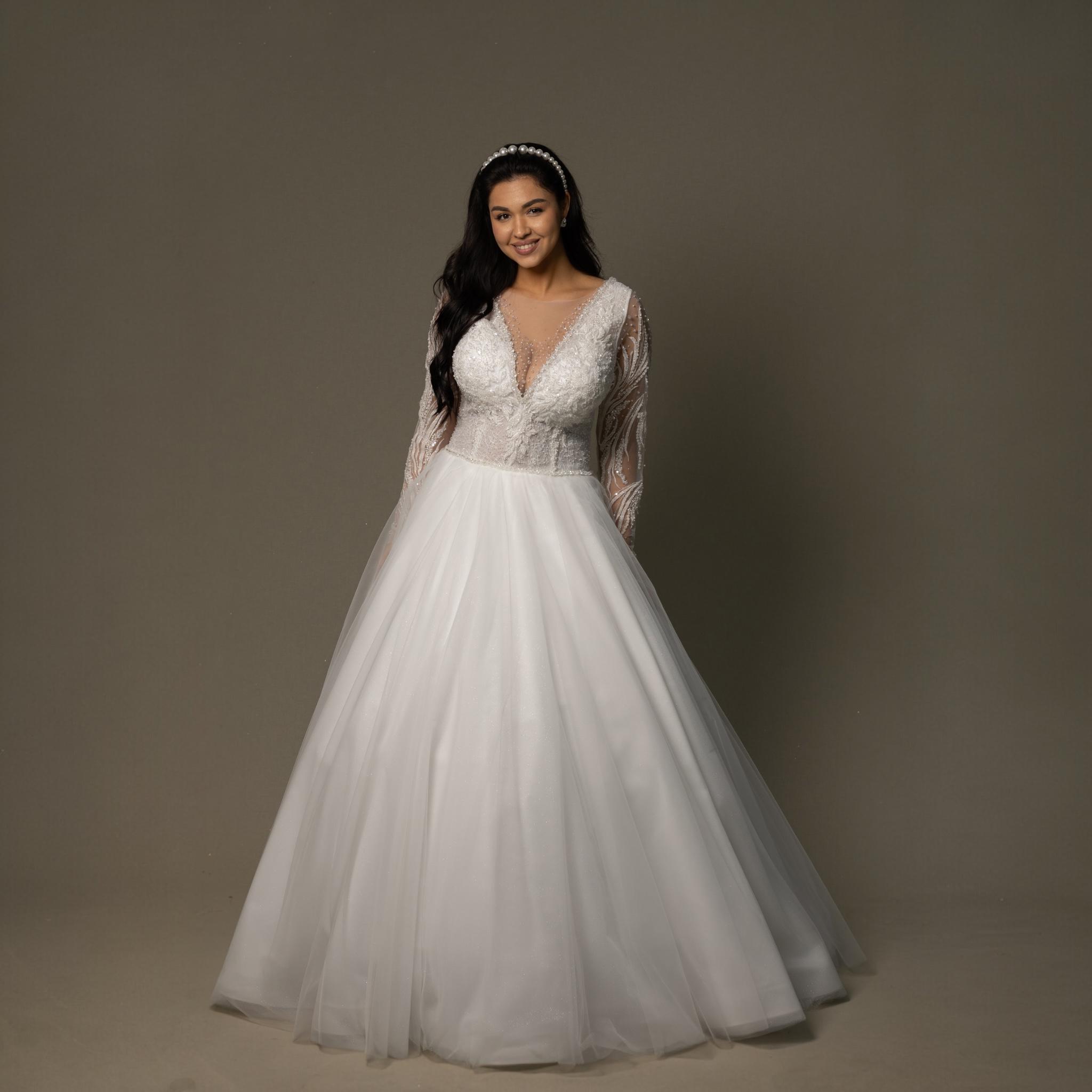 White plus-size slim-fitting pearl-embellished mesh dress for weddings main image 1