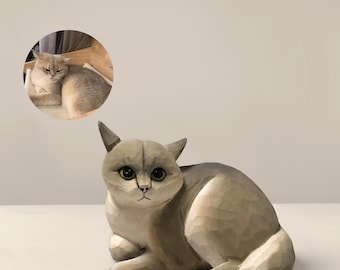 Personalized Wooden Cat Figurine, Hand Carved Lifelike Cat Memorial Gift