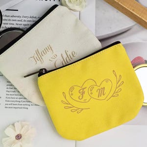 Bolsa de lino personalizada, bolsa compacta para monedas, tarjetas y artículos esenciales de maquillaje, regalo de San Valentín, regalo de novia, regalo de novio