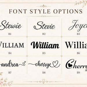 Puede incluir: Una cuadr&iacute;cula de nueve opciones de estilo de fuente etiquetadas de B1 a B9, que muestran nombres como Stewie, Stevie, Joyce, William y Cherrye en varias tipograf&iacute;as negras serif, sans-serif y script, algunas con iconos de coraz&oacute;n y adornos.