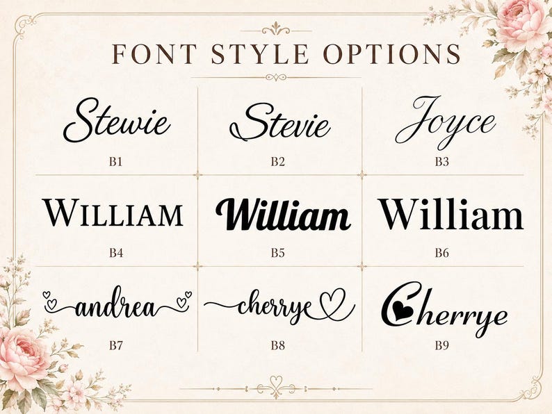 Puede incluir: Una cuadr&iacute;cula de nueve opciones de estilo de fuente etiquetadas de B1 a B9, que muestran nombres como Stewie, Stevie, Joyce, William y Cherrye en varias tipograf&iacute;as negras serif, sans-serif y script, algunas con iconos de coraz&oacute;n y adornos.