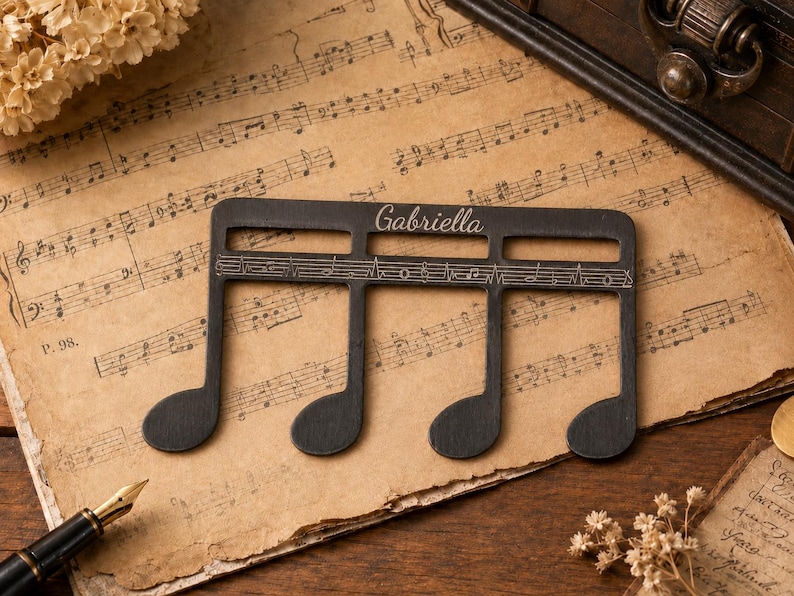 Puede incluir: Un objeto negro y plano con forma de nota musical que presenta el nombre Gabriella grabado en la parte superior y un pentagrama horizontal con notas grabadas en el centro. El art&iacute;culo tiene un acabado mate liso y cuatro plicas.