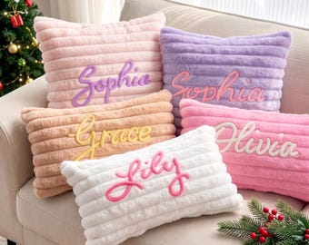 Custom Name Ribbed Plush Throw Pillow, Soft Personalized Cushion for Sleepover Party Birthday Home Decor Gift
