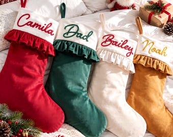 Personalized Ruffled Velvet Christmas Stocking with Yarn Name, Custom Family Holiday Stocking, Large Xmas Decor