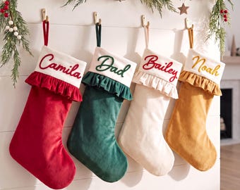 Personalized Family Christmas Stockings, Custom Ruffled Velvet Stocking with Yarn Name, Holiday Home Decor