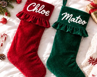Custom Name Velvet Christmas Stocking, Ruffled Edge Xmas Stocking with Yarn Lettering, Family Holiday Gift