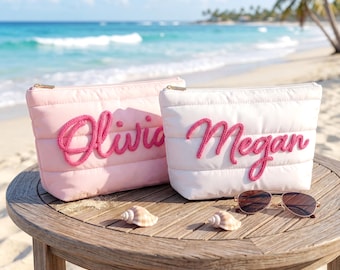 Personalized Quilted Puffer Pouch, Travel Toiletry Case, Custom Name Cosmetic Bag
