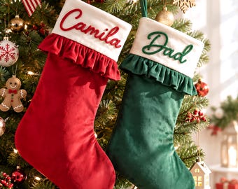 Personalized Velvet Christmas Stocking, Ruffle Cuff, Cord Name (18.9 x 7 in)