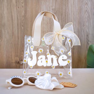 Benutzerdefinierte Gänseblümchen Tasche für Blumenmädchen, Blumenmädchen Vorschlag Geschenk Tasche, personalisierte transparente Geschenktasche mit Band, Hochzeitszubehör