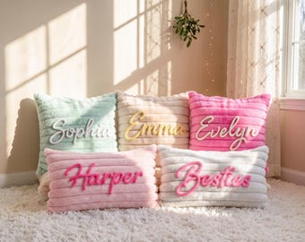 Personalized Christmas Throw Pillow with Custom Name, Cozy Plush Striped Pillow Cover, Xmas Gift for Her