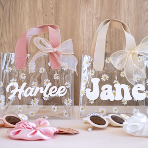 Blumenmädchen Proposa Geschenktüte, Gänseblümchen Tasche für Blumenmädchen, personalisierte transparente Geschenktasche mit Band, Brautjungfer Vorschlag