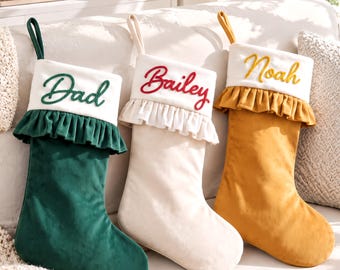 Custom Family Name Velvet Christmas Stocking, Ruffled Edge Xmas Stocking with Yarn Name, Festive Decor Gift