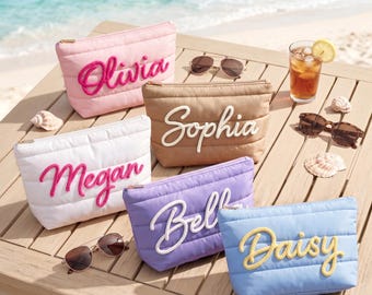 Personalized Beach Weekend Pouch, Quilted Vacation Cosmetic Case, Girls Trip Toiletry Bag, Summer Bachelorette Organizer