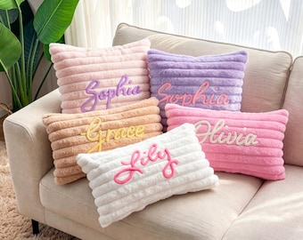 Custom Name Ribbed Plush Throw Pillow, Soft Personalized Cushion for Sleepover Party Birthday Home Decor Gift