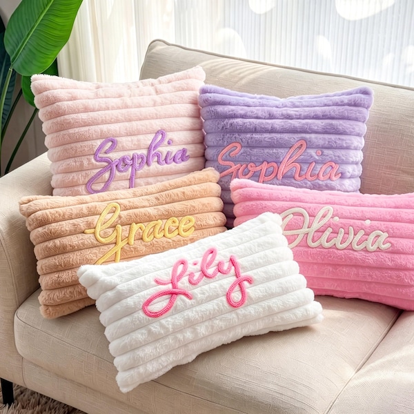 Custom Name Ribbed Plush Throw Pillow, Soft Personalized Cushion for Sleepover Party Birthday Home Decor Gift