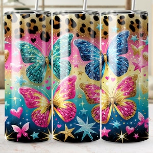 Colorful Butterfly Skinny Tumbler Wrap, 20oz Skinny Tumbler Sublimation PNG, Leopard Print Tumbler Wrap Glitter Butterfly, Sparkle Butterfly